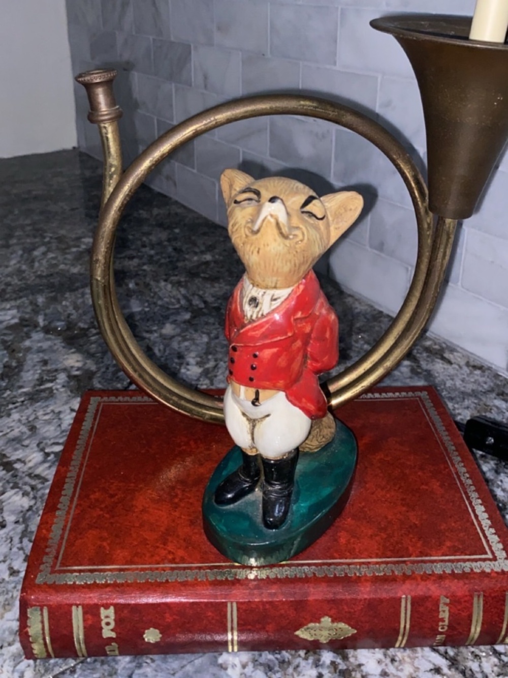 Vintage Equestrian Porcelain Snooty Mr Fox Brass Trumpet on Red Book Table Lamp